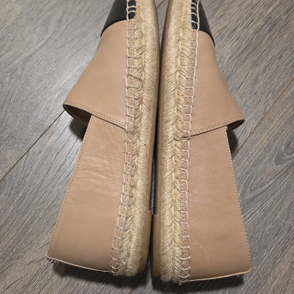 Leather Espadrille Flats in Beige with Black Cap Toe